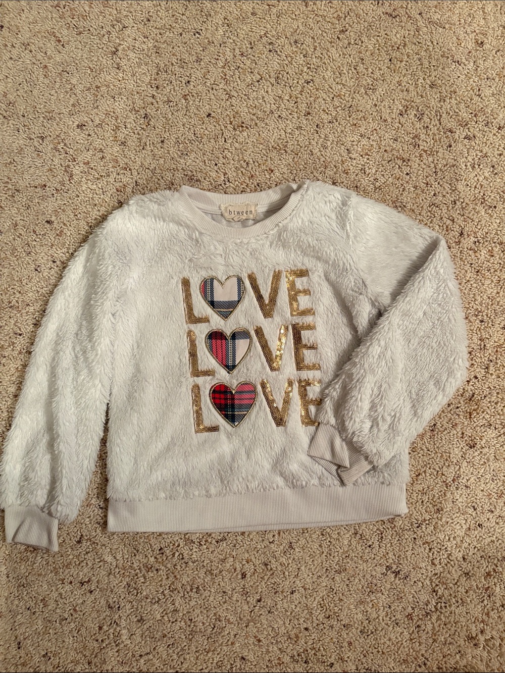btween Cream Fuzzy Sweatshirt with Gold 'LOVE' & Plaid Hearts